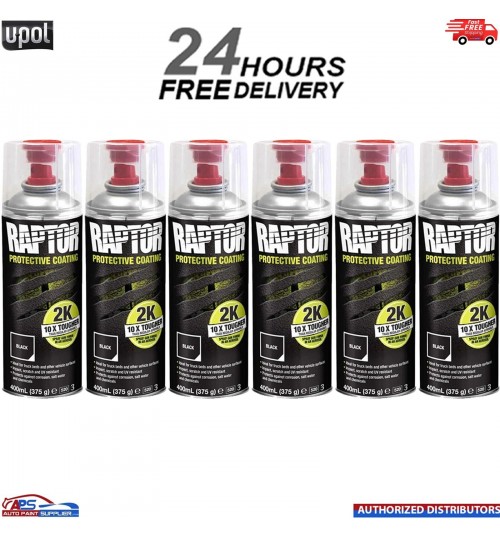 6X UPOL RAPTOR 2K TOUGH BED LINER U-POL PROTECTOR 400ML AEROSOL - BLACK